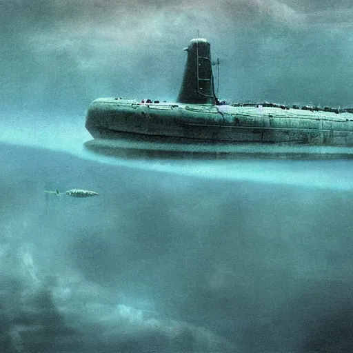 Prompt: a realistic soviet era submarine submerged in deep murky water, flat, matte, propganda poster, thalassophobia