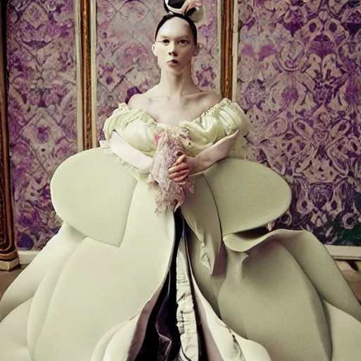 Prompt: beautiful avant garde fashion, designed by Yohji Yamamoto, shot by Tim Walker in a detailed rococo style studio, full body portrait