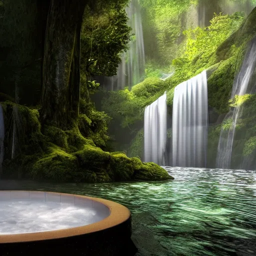 Prompt: a bathtub under waterfall in forest, digital painting, high contrast, unreal engine render, volumetric lighting, high détail