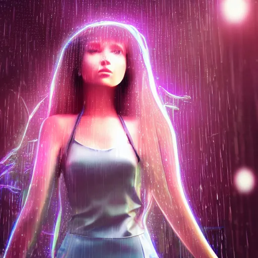 Image similar to hyperdetailed digital beautiful girl wearing a short skirt in the rain interacting with a holographic interface on a wall in a future cyber punk style city trending on art station