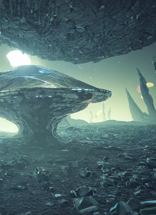 Prompt: an abandoned alien spaceship on a crystal hell biome by pixar, smooth, cinematic, wet reflections, ray tracing x, rtx, smooth