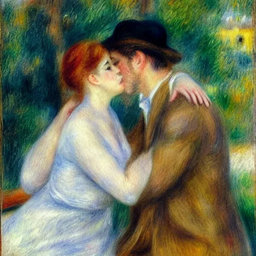 Image similar to art by renoir, man kissing man, people wearing clothes