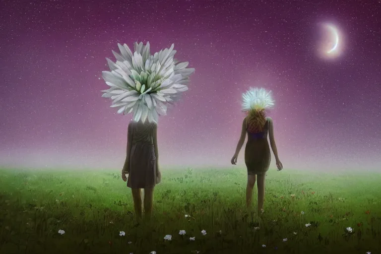 Prompt: giant daisy flower over head, girl walking in spirit forest, surreal photography, dark night, stars, moon light, impressionist painting, clouds, digital painting, artstation, simon stalenhag