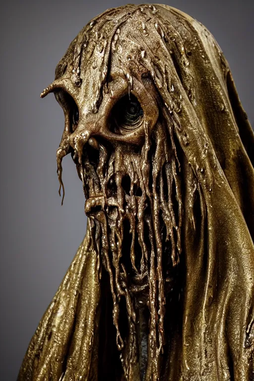 Image similar to photo taken of an epic intricate, ultra detailed, super realistic sculpture of a wet bloodied slimy nightmarish hellish demonic hooded grim reaper sculpture on display in a workshop, created by weta workshop, full body shots, photorealistic, sharp focus, f 0. 4, face centred, macro photography, golden ratio, golden hour