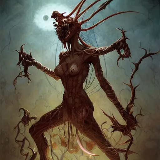 Image similar to The Evil Satanic Tooth-Fairy Demon Goddess is pulling your strings twisting your mind and smashing your dreams, fullbody, intricate, horror, fantasy horror, dungeons & dragons, highly detailed, artstation, concept art, smooth, sharp focus, illustration, art by greg rutkowski and orientalism and bouguereau and Zdzislaw Beksinski, good clear quality, lighting, biology, symmetrical artwork, perfect face, 135 mm, cinematic, hyper realism, high detail, octane render, 8k, chrome accents