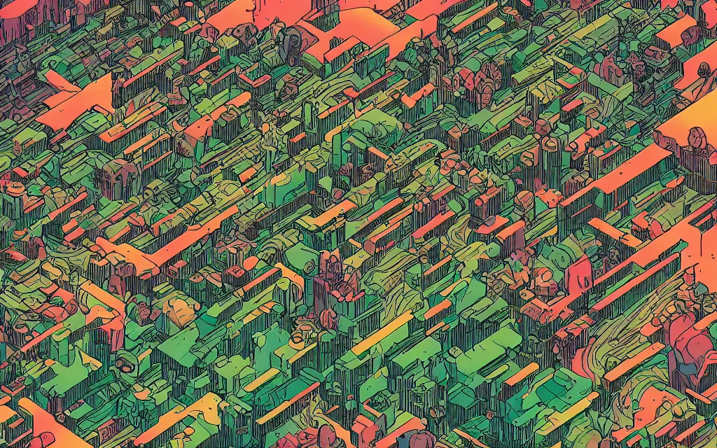 Image similar to very detailed, prophet graphic novel, ilya kuvshinov, mcbess, rutkowski, simon roy, illustration of a dense green alien megacity on a desert planet, isometric, colorful, deep shadows, astrophotography