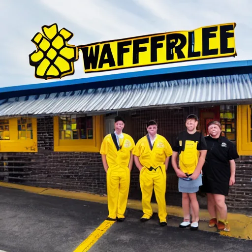 Image similar to wafflehouse employee's standing below wafflehouse sign, employees uniform is blue and black with yellow name tags