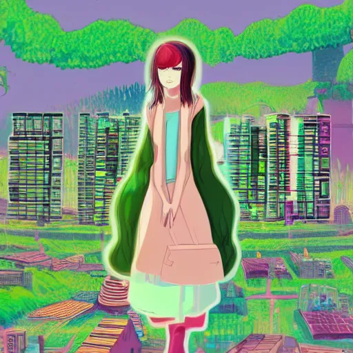 Prompt: lo - fi girl, utopian city, solarpunk