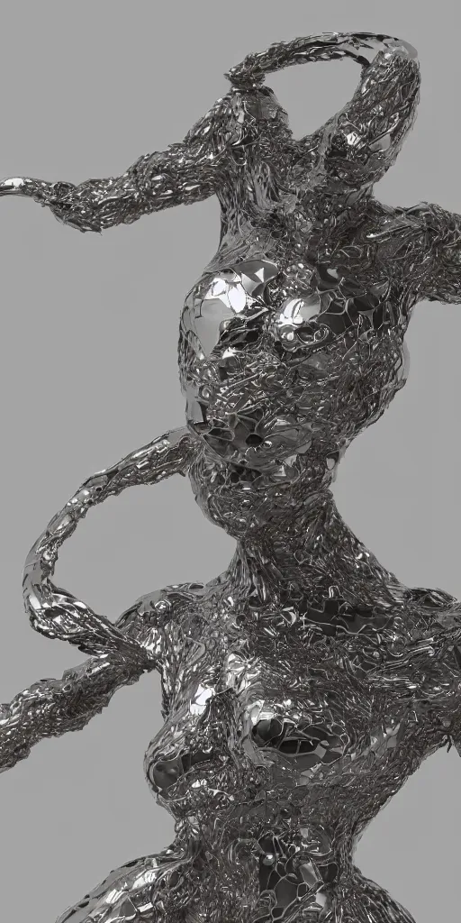 Image similar to 3 d render of an organic sculpture, chrometype, liquid metal, neotribal, raytraced, volumetric lightning, 8 k, by yhelong xu and innate studio