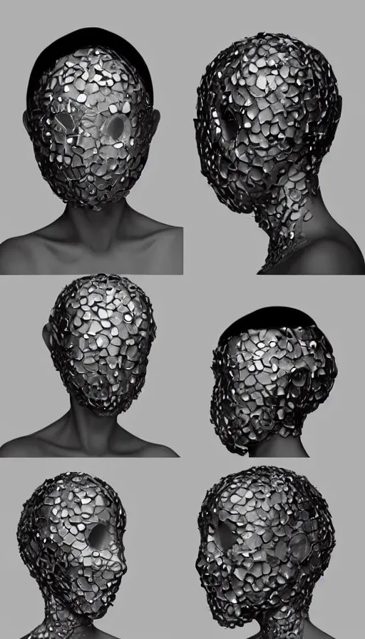 Prompt: a one woman with a futuristic mask on her face, a surrealist sculpture by alexander mcqueen, trending on pinterest, plasticien, biomorphic, made of plastic, a computer rendering by bedwyr williams, featured on zbrush central, holography, multiple exposure, glitch art, glitchy