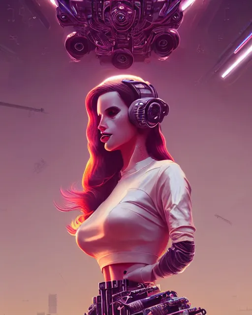 Image similar to portrait of lana del rey as a cyberpunk cyborg. roses, sci - fi, missing panels, intricate abstract upper body intricate artwork, by tooth wu, wlop, beeple, dan mumford. concept art, octane render, deviantart, greg rutkowski, cinematic, key art, hyperrealism, iridescent accents