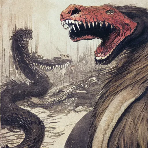 Image similar to neck neck eyes fangs serpent serpent python wearing a lion lion costume neck tall long snake viper j.m.w. turner greg rutkowski giorgio de chirico william merritt chase ralph steadman arsen savadov dan witz uta natsume aquatint