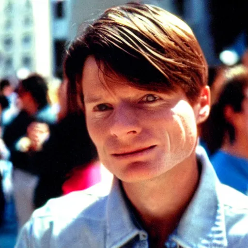 Image similar to film still, 5 0 mm, a masterpiece portrait photo of marty mcfly in a los angeles crowd, circa 1 9 9 9, sharp focus and narrow depth of field