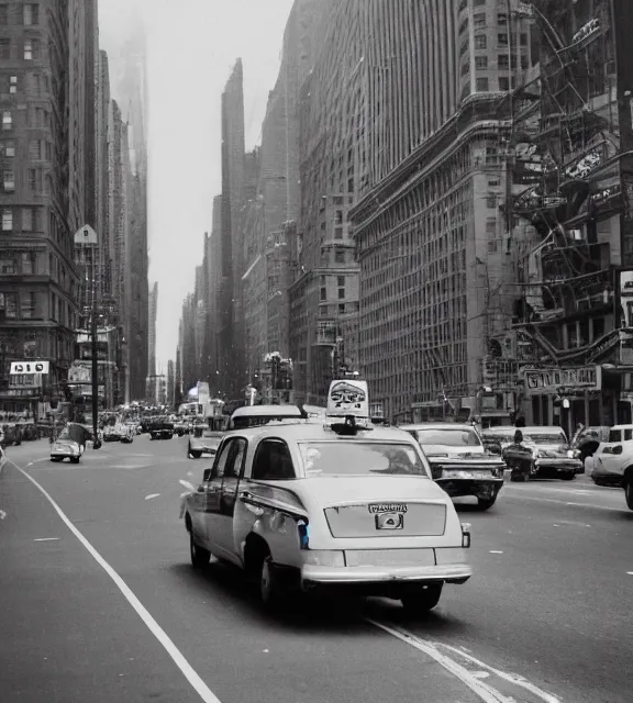 Image similar to a vintage photo of a taxi cab driving on a new york city road.