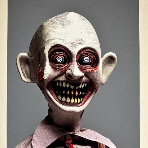 Image similar to high detailed portrait of a bloody ventriloqust dummy, scary, horrifying, creepy