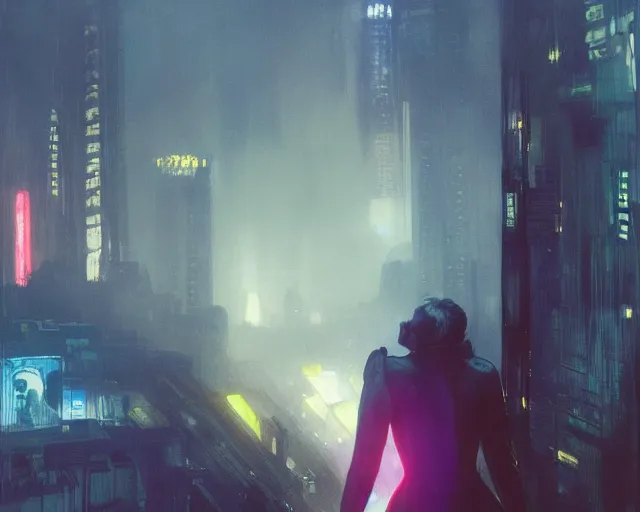 Image similar to 2 0 1 8 blade runner movie still girl look at the cityscape from roof perfect face fine realistic face pretty face reflective polymer suit tight neon puffy jacket blue futuristic sci - fi elegant by denis villeneuve tom anders zorn hans dragan bibin thoma greg rutkowski ismail inceoglu illustrated sand storm alphonse mucha