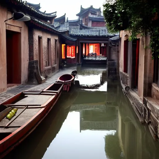 Prompt: beautiful and peaceful ancient water town in the south of china, zhouzhuang ancient town, movie style, warm color to move, boats, evening lanterns, the glow of the sunset on the water, high detailed