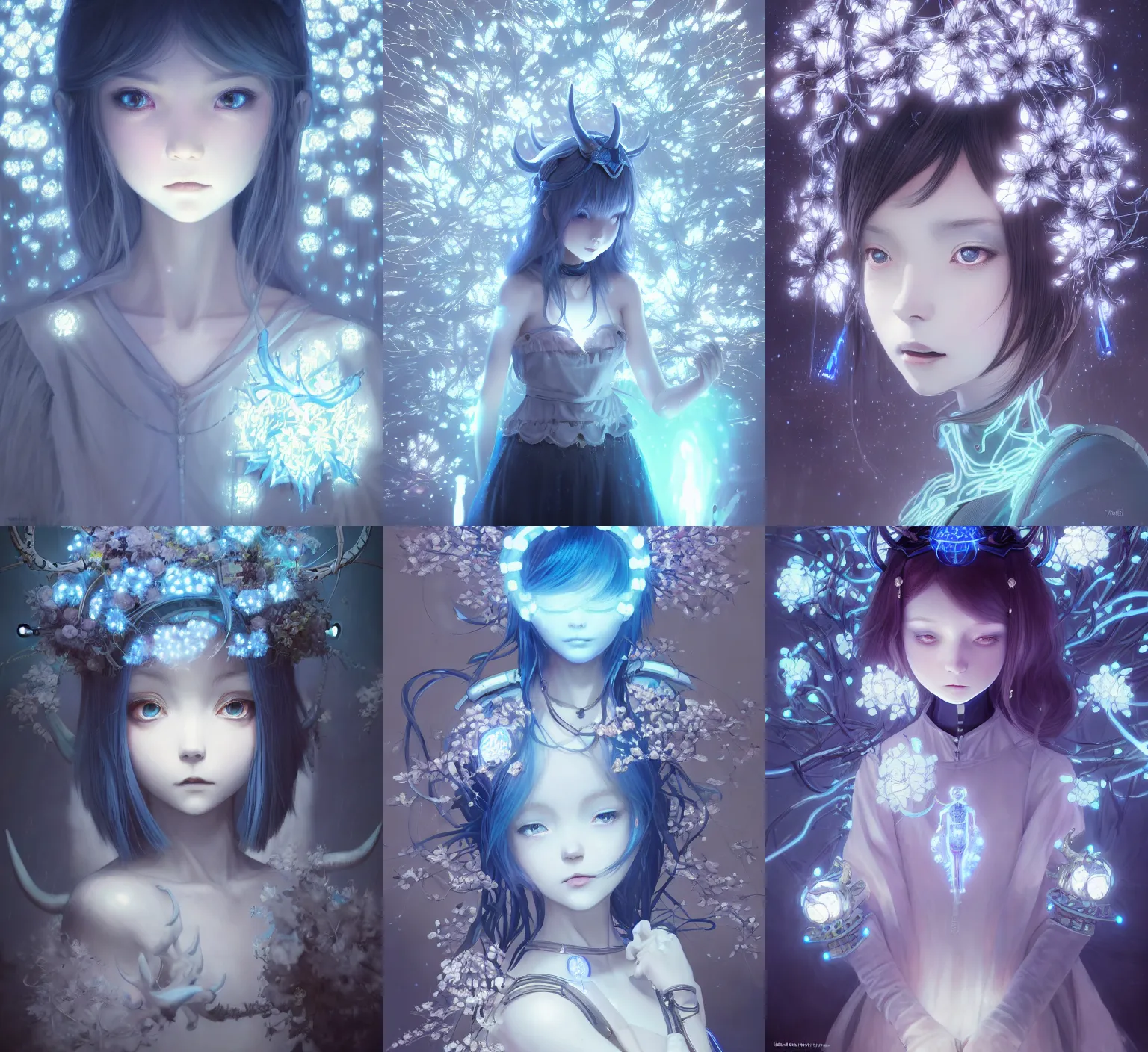 Prompt: detailed, sharp, dreaming humanoid female automata with glowing blue horns wearing gothic ornament surrounded by glowing white flowers floating above a dystopia by Ilya Kuvshinov and Anna Dittmann and studio ghibli and WLOP and Rossdraws, digital art, surreal, trending on artstation, anime arts, featured on Pixiv, blue lighting, HD, 8K, highly detailed, good lighting, beautiful, epic, masterpiece