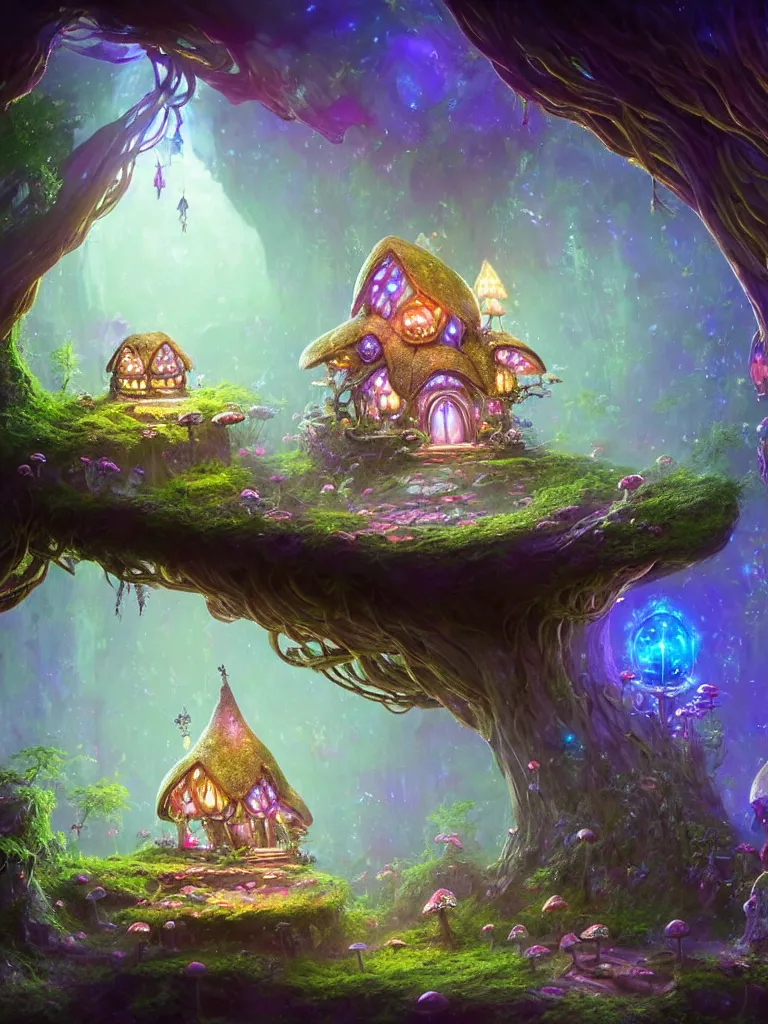 Image similar to the interior of a celestial dainty fairy cottage in a bioluminescent tree trunk decorated beautifully, lots of cute fairy design elements like toadstool mushrooms and cyberpunk robots, warm sunlight shining in, lots of plants and flowers, concept art 8 k resolution, fantasy illustration, sharp focus, detailed painting, deep color, volumetric lighting, crepuscular rays