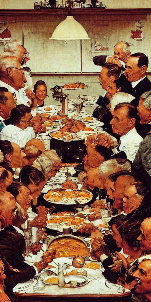 Image similar to the mars rover eating thanksgiving dinner at the head of the table norman rockwell painting