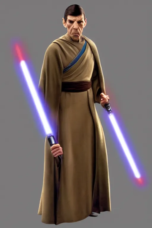 Image similar to photorealistic!! mr spock as a jedi knight, brown jedi robe, using the force, film quality