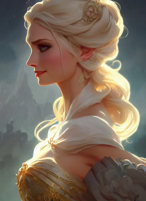 Image similar to elsa, d & d, fantasy, intricate, elegant, highly detailed, digital painting, artstation, concept art, matte, sharp focus, illustration, hearthstone, art by artgerm and greg rutkowski and alphonse mucha