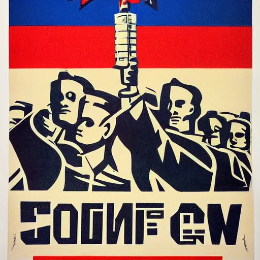 Image similar to soviet cold war era nuclear war poster with positive citizen