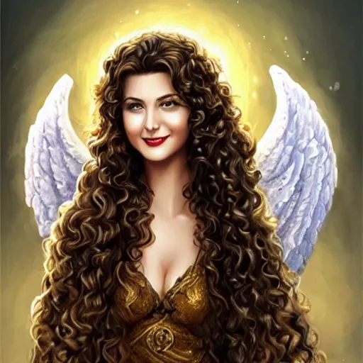 Prompt: beautiful female angel, brunette with big smile and curly hairstyle, looks like Ebru Şahin, Reyyan, looks like Fabiula Nascimento, looks like Laura Barriales, D&D, fantasy, intricate, elegant, highly detailed, digital painting, artstation, concept art, character design, smooth, sharp focus, illustration, art by artgerm and greg rutkowski and alphonse mucha