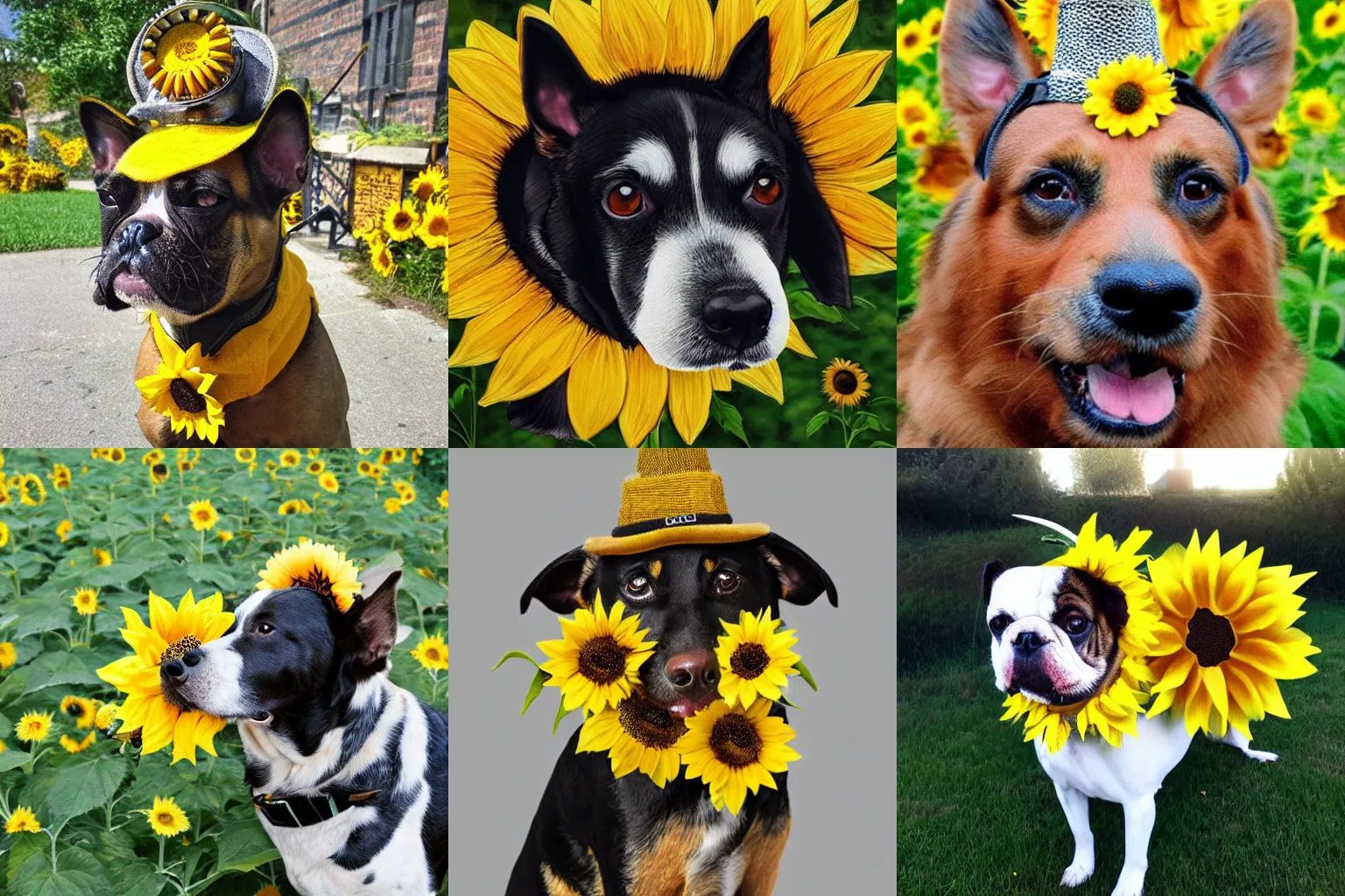 Prompt: dog wearing a sunflower as a hat covered in bumblebees, photo realistic, dramatic lighting, realistic shadows, steampunk