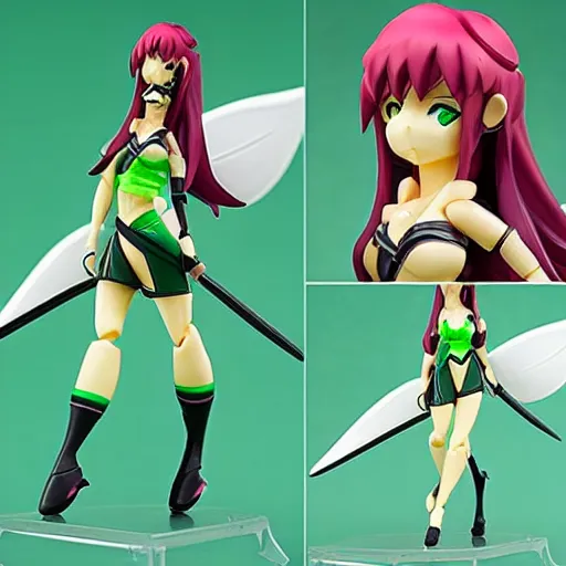 Image similar to league of legends akali as a Figma doll. Posable anime figurine. Kunai, Kama-wielding, green facemask, green outfit. PVC figure 12in.