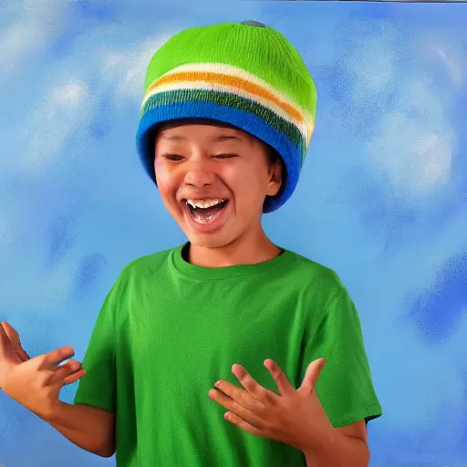 Prompt: a kid grinning wearing a blue sock hat over his eyes, green shirt and brown jumping high in the air painting, high details