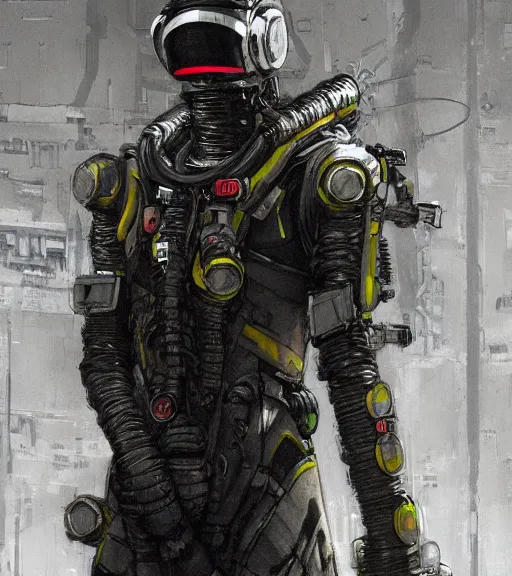 Image similar to realistic cyberpunk engineer with long limbs and a black spacesuit on a spacewalk, techwear, dead space, visible face, Industrial Scifi, detailed illustration, character portrait, by Ashley Wood and Moebius