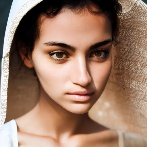 Image similar to beautiful female angel, Moroccan, asymmetrical face, ethereal volumetric light, sharp focus
