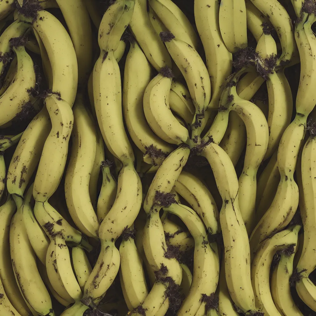 Prompt: bananas that grow like fractal coral and smoke, cracked, fine foliage, inside art nouveau with petal shape, big banana peals, and stems, mesh roots. closeup, hyper real, food photography, high quality