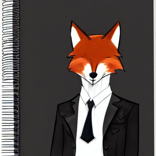 Prompt: autographed pencil sketch of an anthropomorphic male fox furry fursona in a tuxedo with medium length black hair, handsome eyes, posing with hands in pocket, hdr photograph of notebook