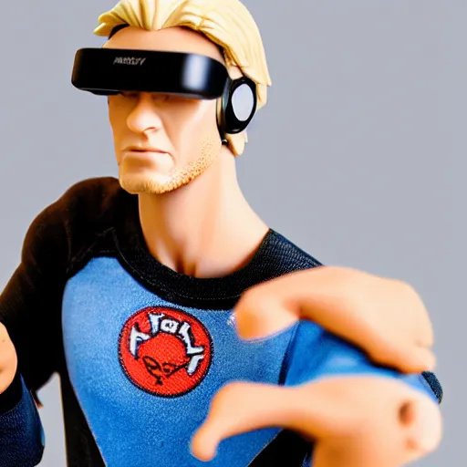 Image similar to action figure of a skinny blonde male wrestler wearing a vr headset and wearing a t - shirt and jeans, high detail, realistic,