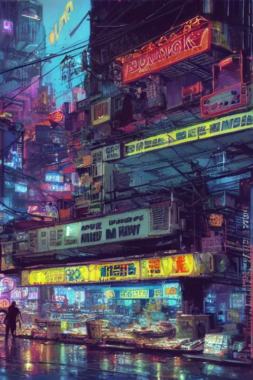 Prompt: a low angle shot of a food store at the base of a towering city, cyberpunk, neon lights, night, matte painting by John Berkey, 8k