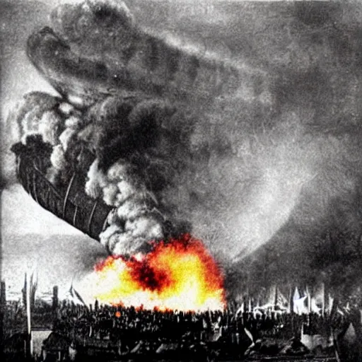 Image similar to the Hindenburg crashing in flames in colour on Victorian London