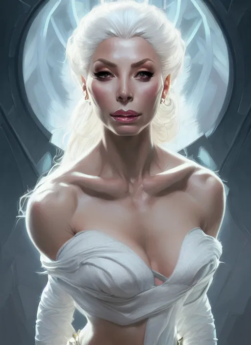 Image similar to portrait of aggressive isabelledeltore, d & d, white, fantasy, intricate, elegant, highly detailed, digital painting, artstation, concept art, smooth, sharp focus, illustration, art by artgerm and greg rutkowski and alphonse mucha