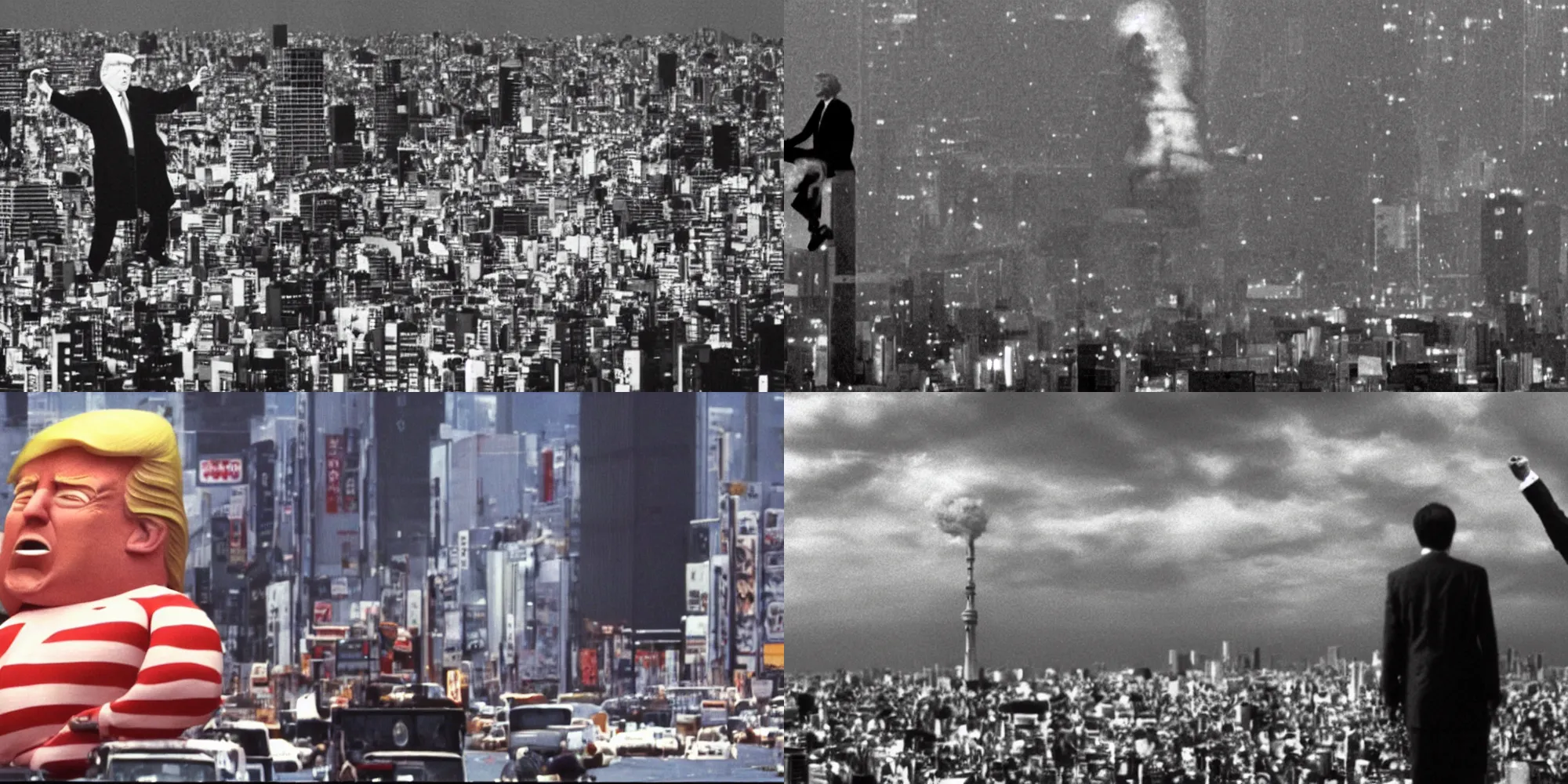 Prompt: 5 0 foot tall donald trump destroying tokyo, movie still, film grain