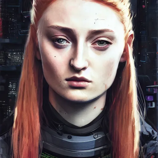 Image similar to sophie turner, streetwear techwear cyberpunk style outfit, partial mask, detailed portrait, intricate complexity, by greg rutkowski, cushart krentz, artgerm, ross tran, conrad roset, takato yomamoto, ilya kuvshinov. 4 k, beautiful, cinematic dramatic atmosphere, portrait lighting