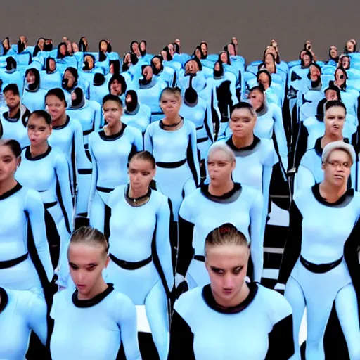 Prompt: army of identical athletic female clones in formation, white hair, tight light blue neopren suits, in rows, futuristic chemistry lab, sci - fi, highly detailed, cinematic