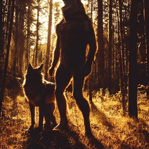 Prompt: werecreature consisting of a wolf and a human, golden hour, photograph captured in a forest