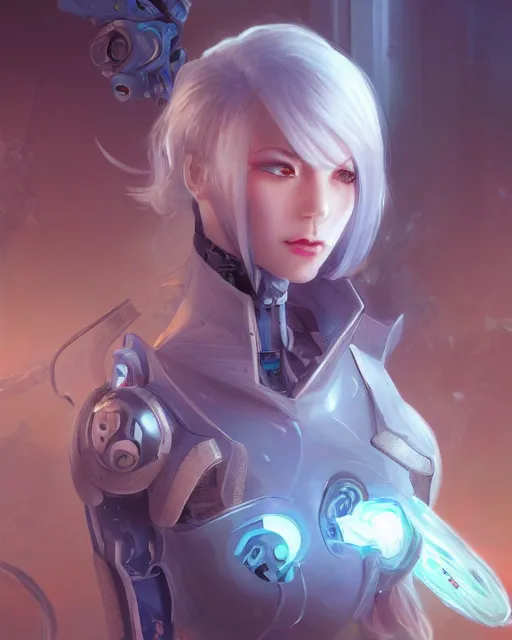 Image similar to holy cyborg necromancer girl, elegant, scifi, futuristic, utopia, garden, illustration, atmosphere, top lighting, blue eyes, white hair, focused, artstation, highly detailed, art by yuhong ding and chengwei pan and serafleur and ina wong