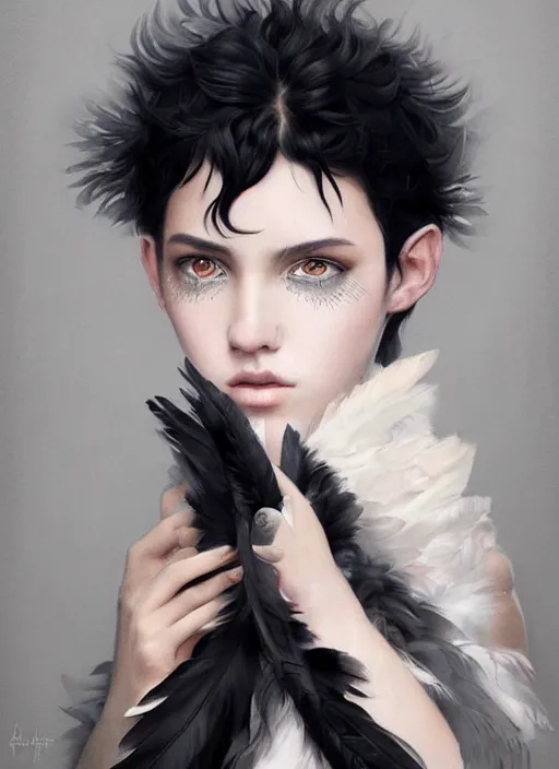 Prompt: a teenage girl with very short black hair and a huge cloak made of feathers in shades of light and dark grey. beautiful highly detailed face. beautiful painting by artgerm and greg rutkowski and raymond swanland