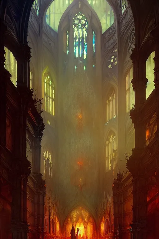 Image similar to abandoned cathedral. hellscape. fantasy concept art. moody epic painting by james gurney, and alphonso mucha. artstationhq. painting with vivid color. ( dragon age, witcher 3, lotr ) by greg rutkowski, giger, maxim verehin