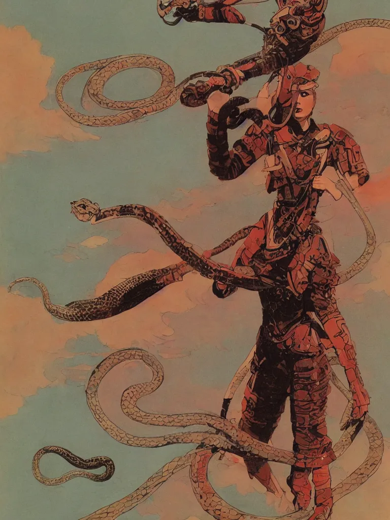 Image similar to on a strange vintage scifi planet, a samurai godess with a snake, vintage scifi poster, winslow homer, moebius, roger dean, artstation