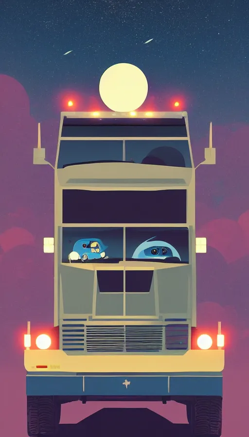 Prompt: truck against a moon, shooting stars, sharp focus, james gilleard, print, game art