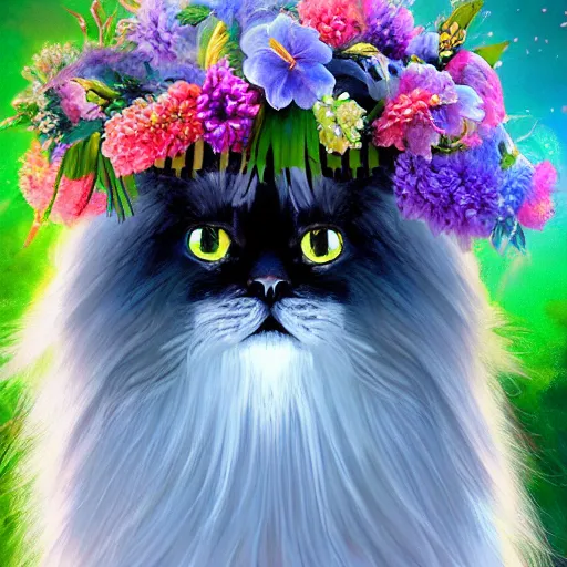 Prompt: oil painting portrait of a long haired fluffy himalayan cat wearing flower crown and lei necklace on tropical island background digital art, concept art, highly detailed, 3-D 4k, trending on art station, Mark Brooks,