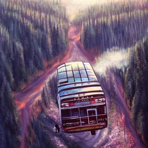 Image similar to a bus with wings [ flying above a forest and lake ], [ oil painting ]!!, trending on cgsociety, 4 k